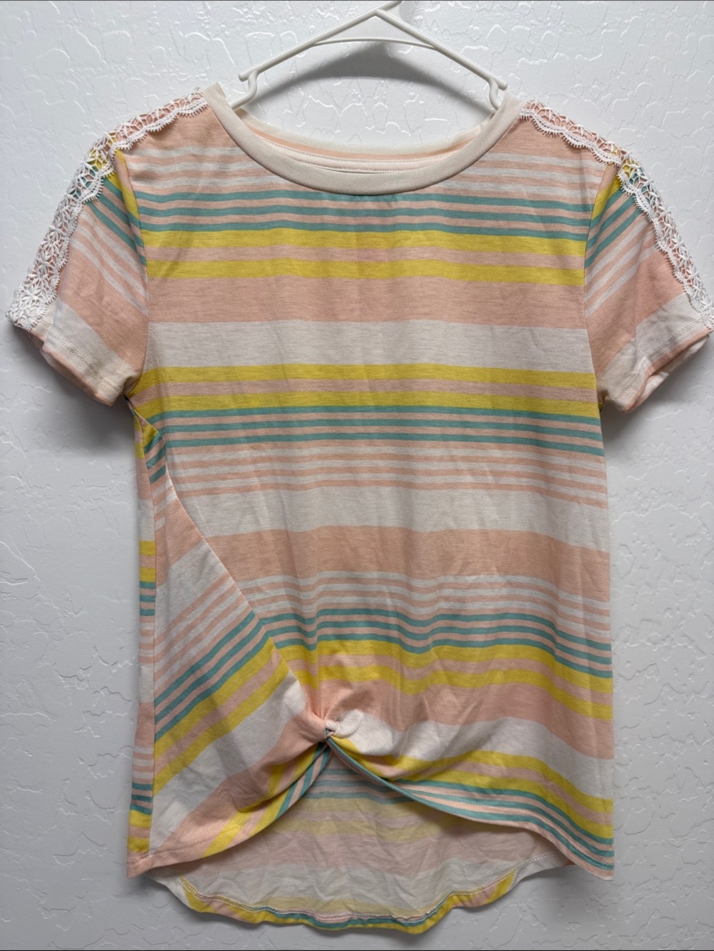 Wishful Park Peach, Yellow & Teal Striped Lace-Shoulder Short Sleeve Tee